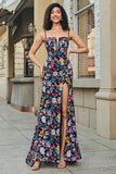 Flor preta bordada sereia vestido de baile com fenda lateral
