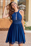 Halter Pescoço Vestido de Renda Da Marinha