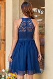 Halter Pescoço Vestido de Renda Da Marinha