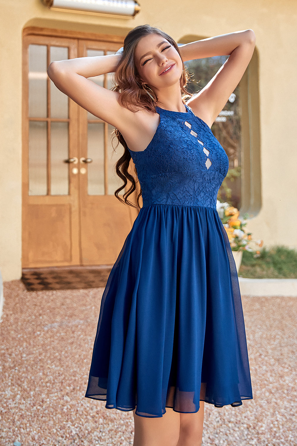 Halter Pescoço Vestido de Renda Da Marinha