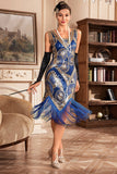 Blue Sequins Glitter Flapper Vestido com Franjas