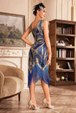 Blue Sequins Glitter Flapper Vestido com Franjas