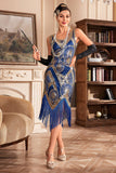 Blue Sequins Glitter Flapper Vestido com Franjas