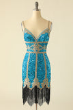 Vestido de cocktail curto de lantejoulas do lago azul com franjas