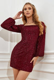 Vestido de coquetel com lantejoulas Borgonha apertado com mangás