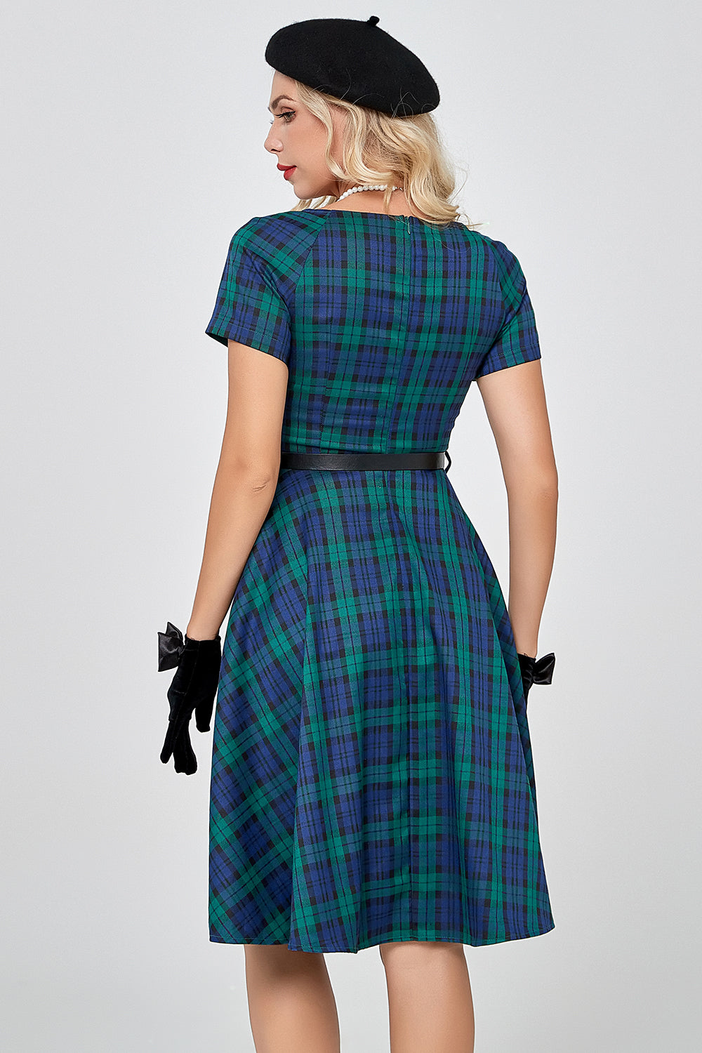 Vestido de 1950 mangas curtas verde escuro