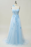 Vestido de baile com apliques azul céu um ombro