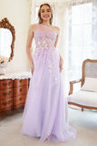 Um Ombro Roxo Mais Tamanho Vestido de Festa Com Apliques