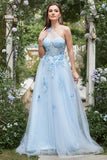 Vestido de Festa com Apliques Um Ombro Azul Céu