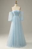 Azul-Céu Vestido de Festa Mangas Compridas