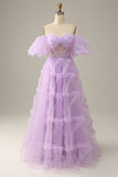 Tule roxo fora do ombros vestido do baile