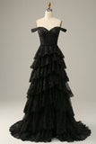 Preto fora do ombro vestido de baile