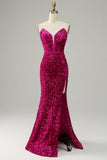 Vestido de baile de lantejoulas fuchsia sem alças