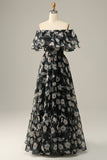 Flor Preto Fora do Ombros Vestido do Baile