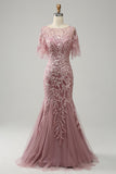 Sereia Rosa Tule Vestido Mãe de Noiva