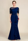 Vestido de Mãe da Noiva com Apliques Azul Marinha
