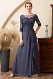 Cinza Azul Linha-A Meias Mangas Longos Vestido Mãe de Noiva com Renda