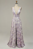 Vestido de Festa Com Fenda Gola em V Roxo
