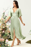 V Pescoço Verde Claro Vestido de Dama de Honor Com Meias Mangas