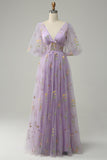 A-Line Lavanda Vestido de Cerimónia Mangas Curtas