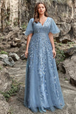 A Line V Pescoço Cinza Azul Vestido Cerimónia