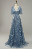 Vestido de Festa Com Bordado Azul