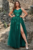 A Line Cintas de Espaguete Verde Escuro Vestido Cerimónia Com Apliques