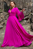 A Line Gola em V Fuchsia Vestido de Festa