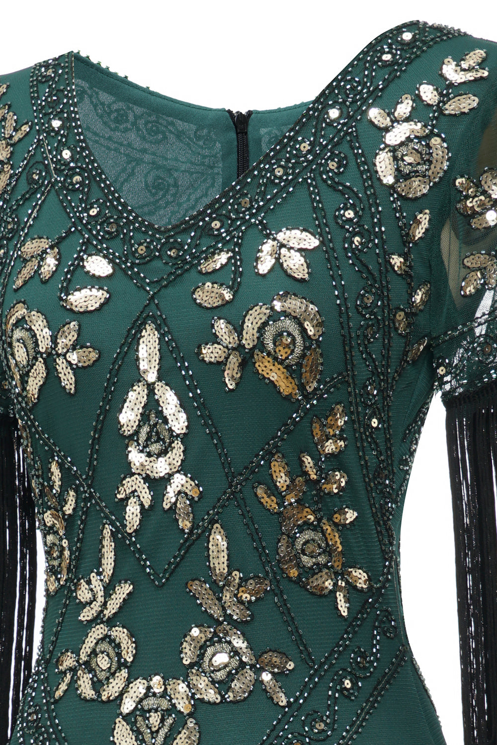 Gola em V Preto 1920s Vestido Com Lantejoulas e Franjas