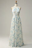 Vestido de dama de honra azul floral Boho Long Chiffon