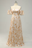 A Line Fora do Ombro Amarelo Flor Estampado Vestido de Dama de Honor
