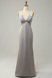 Sereia Cinzenta Open Back Long Vestido de Dama de Honra
