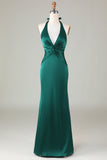Sereia Halter Vestido de Madrinha Verde Escuro