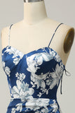 Tinta Azul Floral Tea-Length Vestido Madrinha