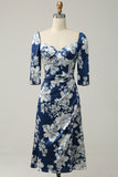 Tinta Azul Floral Tea-Length Vestido Madrinha com mangas