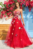A Line Cintas de Espaguete Borgonha Vestido de Baile com Apliques