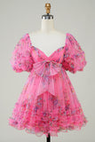 Hot Pink estampado vestido bonito Homecoming com arco