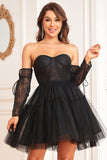 A-Line Preto Mangas Compridos Vestido de Cocktail