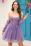Roxo Mangas Compridas A-Line Vestido de Cocktail