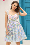 Azul A-Line Vestido Curto de Cocktail com Flores 3D