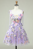 A Line Cintas de Espaguete Roxo Vestido de Cocktail Com Flores 3D