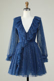 A Line Deep V Neck Navy Vestido Curto Homecoming com Folhos