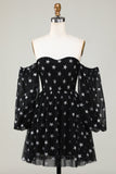 A Line Off the Shoulder Black Stars Vestido Curto de Regresso a Casa