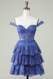 Bonito A Line Dark Blue Corset Tiered Short Homecoming Dress com renda