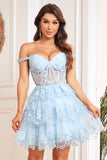 Fora do Ombro Azul Vestido de Cocktail Com Renda
