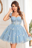 Cintas de Espaguete Cinza Azul Vestido Curto de Cocktail
