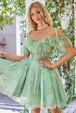 Fora dos Folhos de Ombro Tule Homecoming Dress com Bordado
