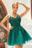 A Line Cintas de Espaguete Verde Escuro Vestido de Cocktail Com Apliques