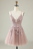 Cintas de Espaguete Rosa Vestido de Cocktail Com Apliques