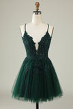 Cintas de Espaguete Verde Escuro Vestido de Cocktail Com Apliques